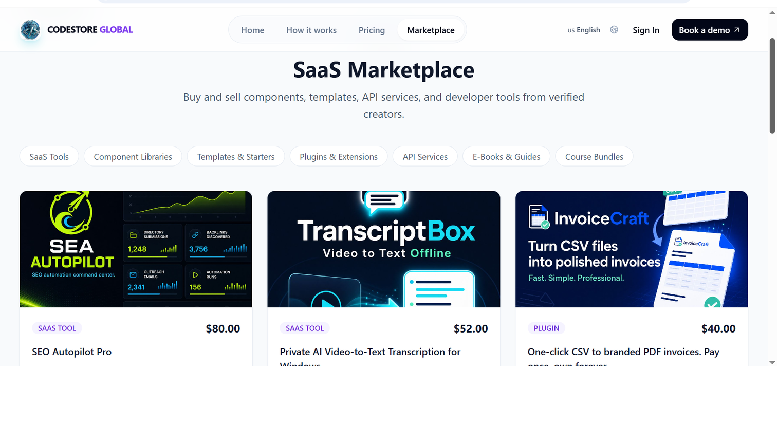 Lista de productos del espacio de trabajo con componentes internos, precios, versiones y etiquetas
